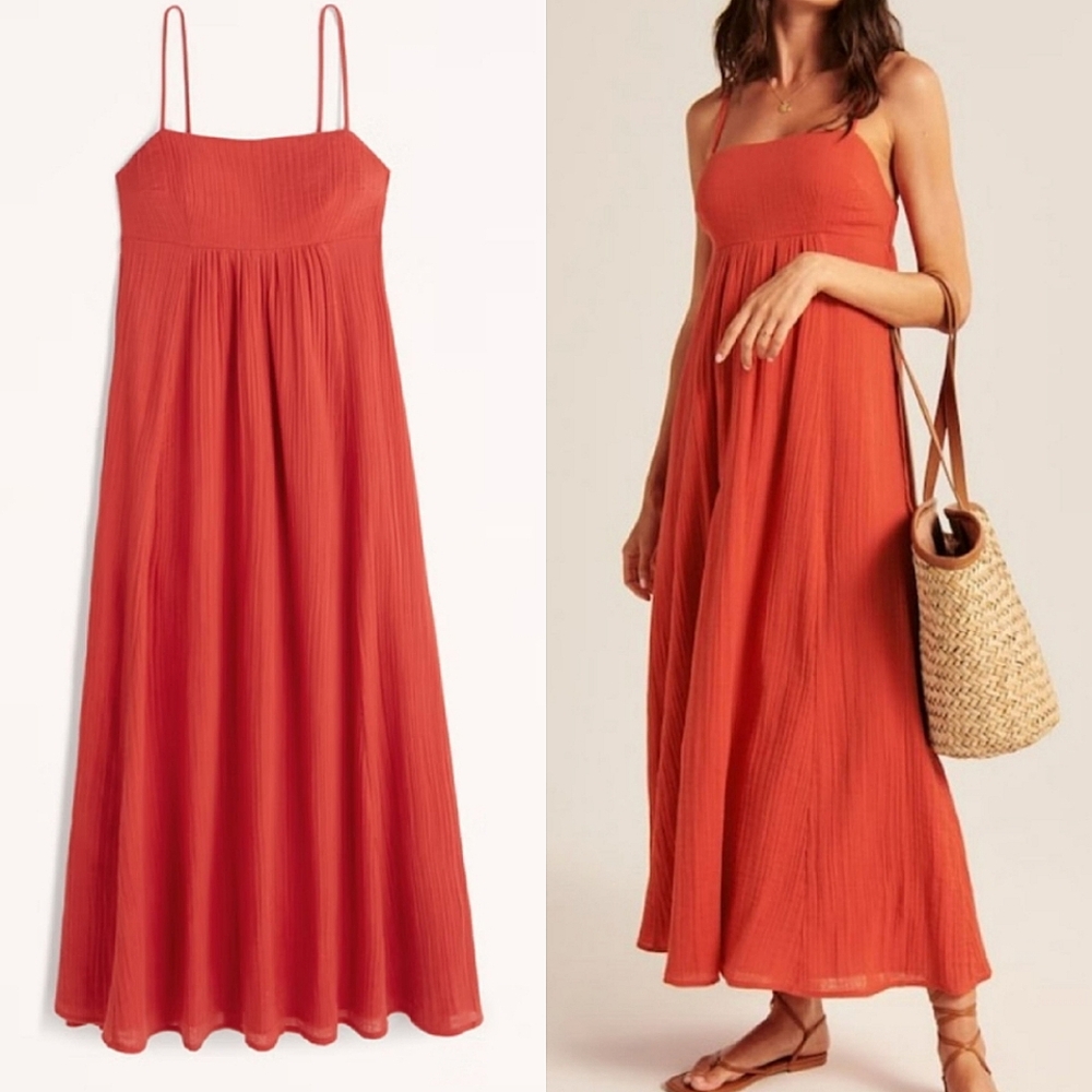 Abercrombie & Fitch Babydoll Maxi Dress Cotton Red Large